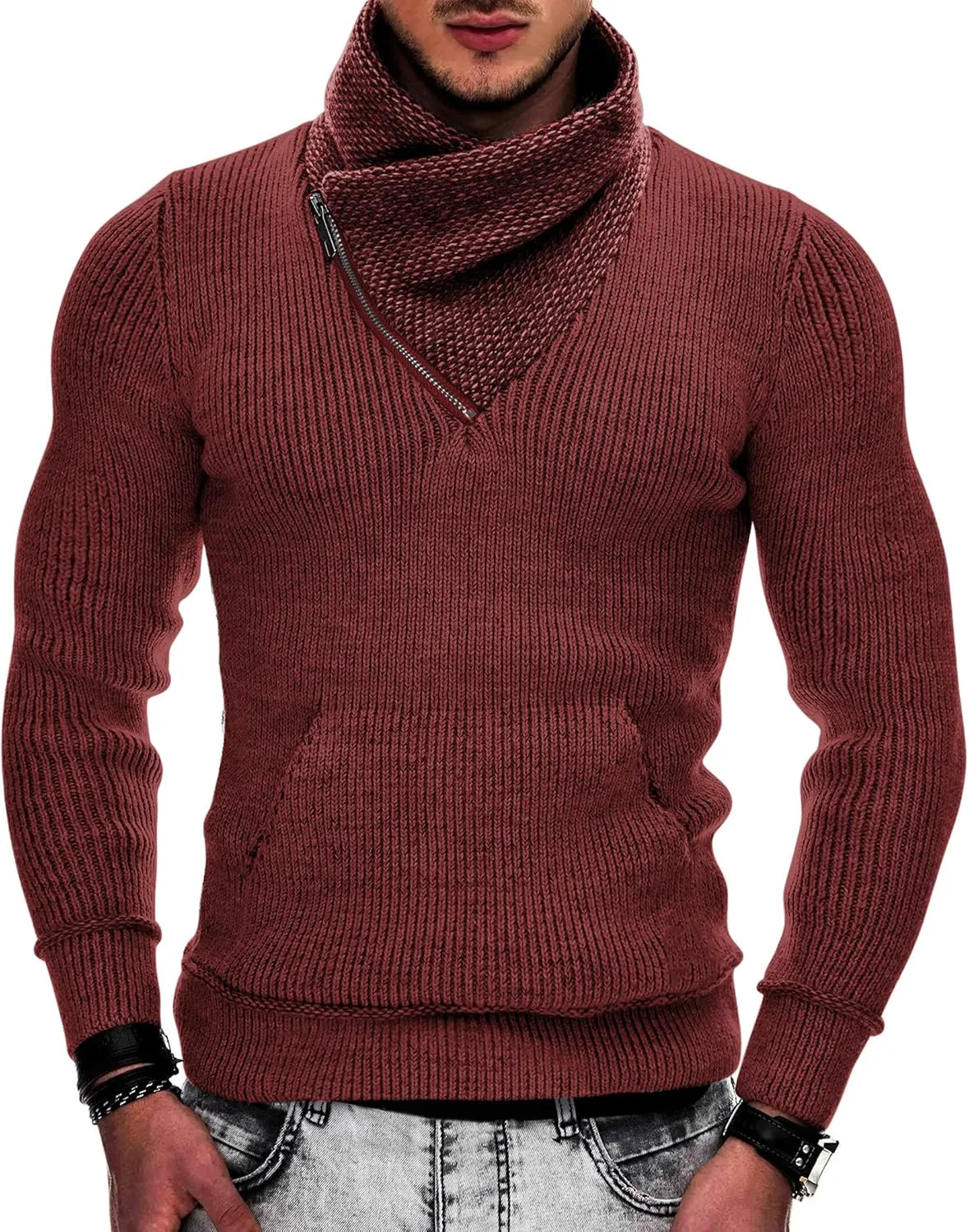 COOFANDY Men's Knitted Turtleneck Pullover Shawl Collar Sweaters Slim Fit High Neck Hoodies with Pockets