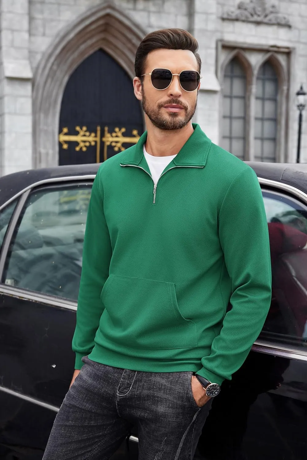 COOFANDY Mens Quarter Zip Pullover Quilted Sweatshirt Long Sleeve Mock Neck Sweater Polo Half Zip Pullover with Pocket