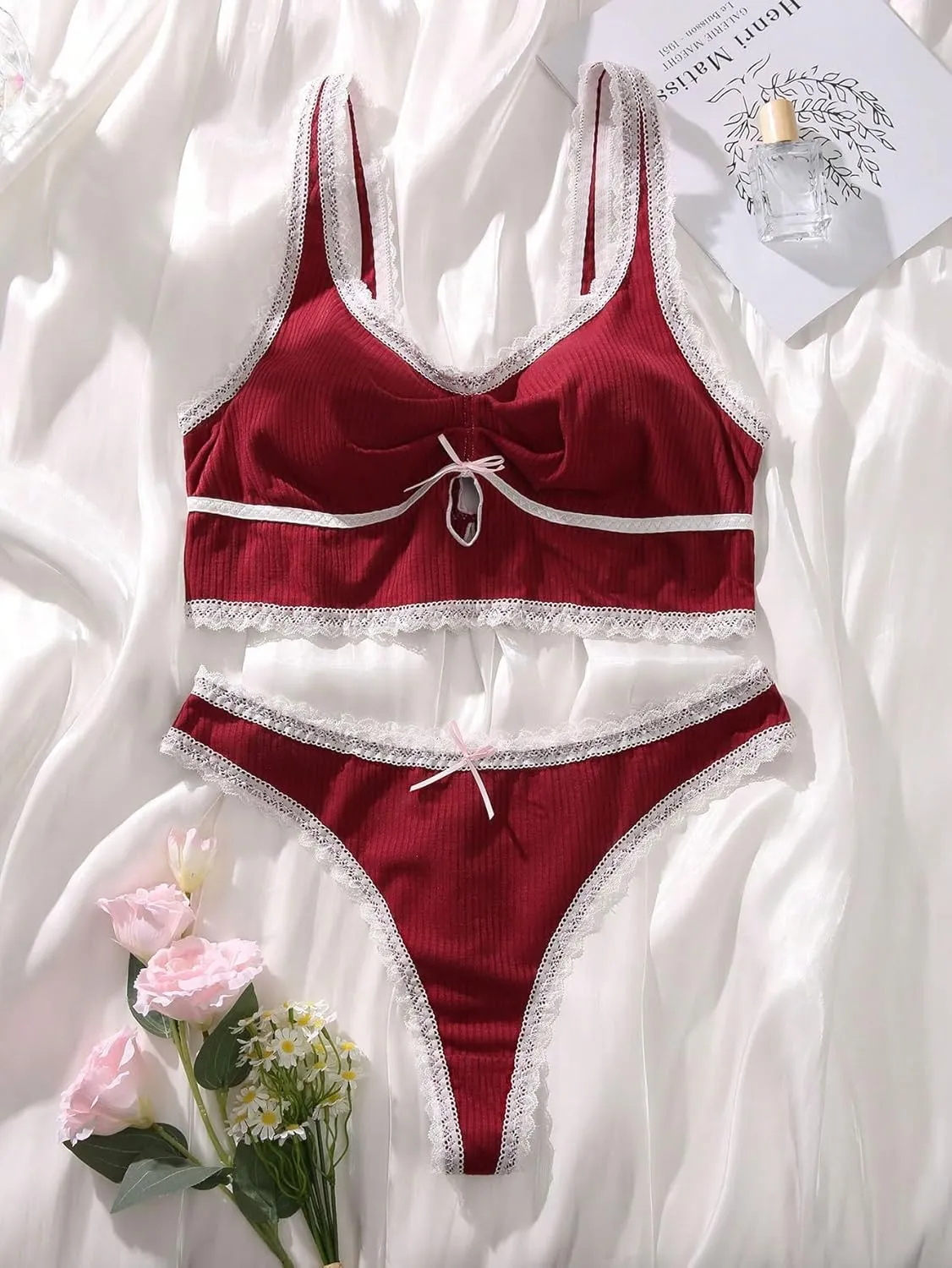 COZYEASE Women's Plus Size 2 Piece Lingerie Set Solid Comfort Lace Camisole and Panty Sets