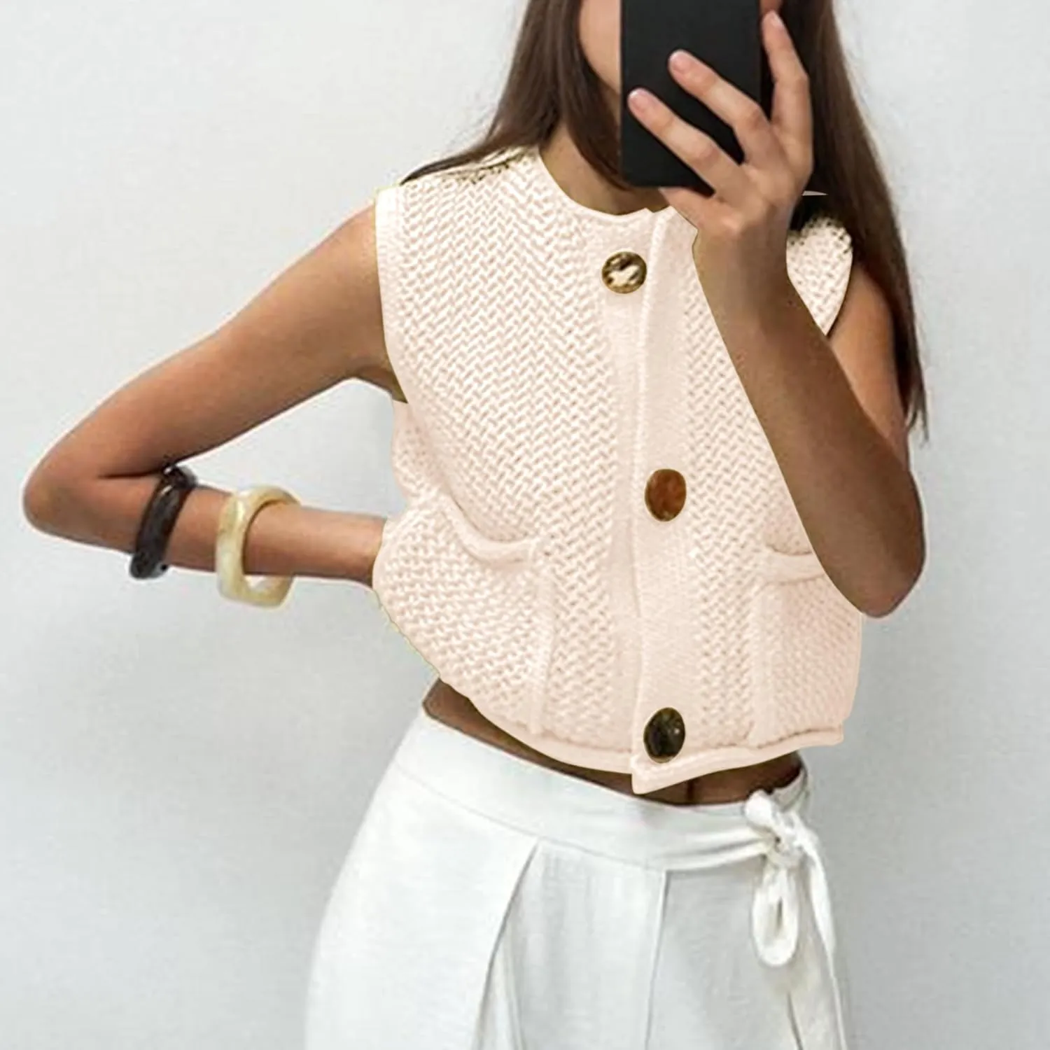 COZYPOIN Women's Sweaters Vest 2025 Button Down Sleeveless Chunky Cropped Knit Cardigan Crochet Tank Tops with Pockets