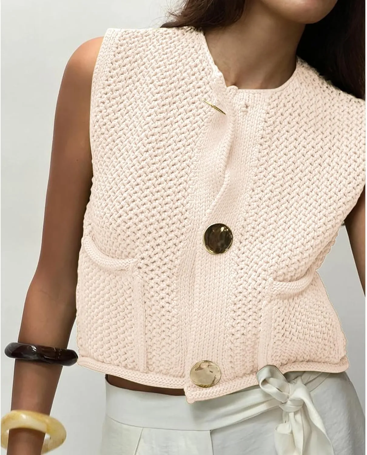 COZYPOIN Women's Sweaters Vest 2025 Button Down Sleeveless Chunky Cropped Knit Cardigan Crochet Tank Tops with Pockets