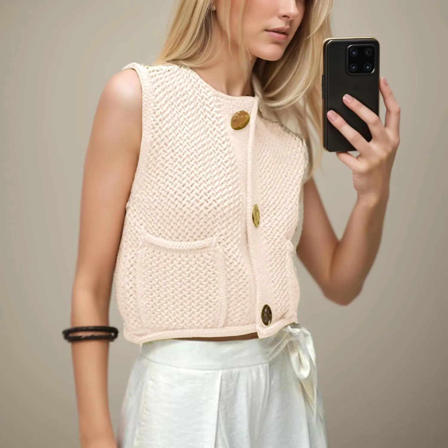COZYPOIN Women's Sweaters Vest 2025 Button Down Sleeveless Chunky Cropped Knit Cardigan Crochet Tank Tops with Pockets