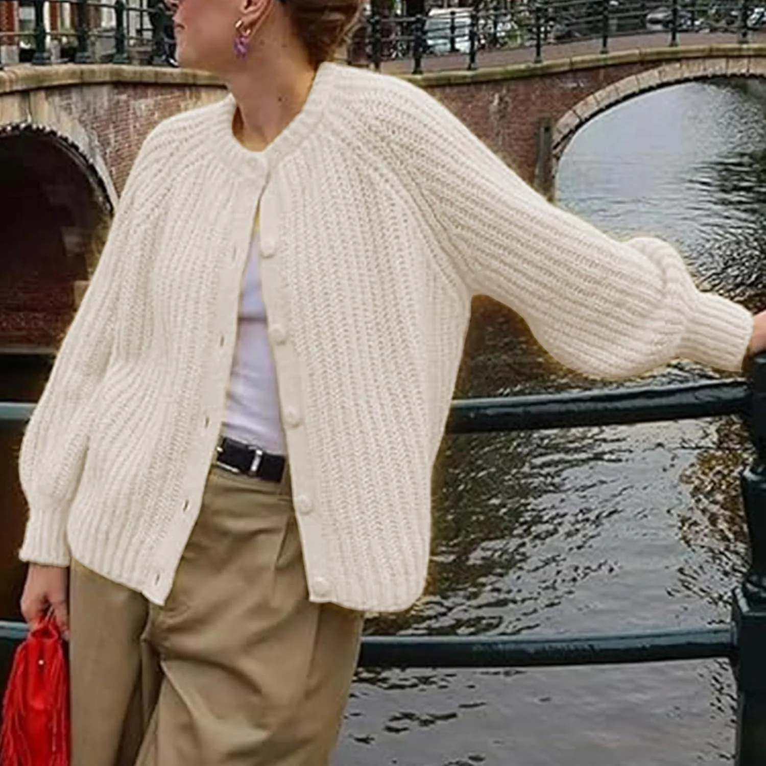 Crochet Cardigan Sweaters for Women Tops Chunky Knitted Crew Neck Long Sleeve Button Down Jackets Open Front Coat