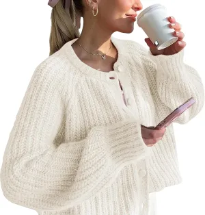 Crochet Cardigan Sweaters for Women Tops Chunky Knitted Crew Neck Long Sleeve Button Down Jackets Open Front Coat