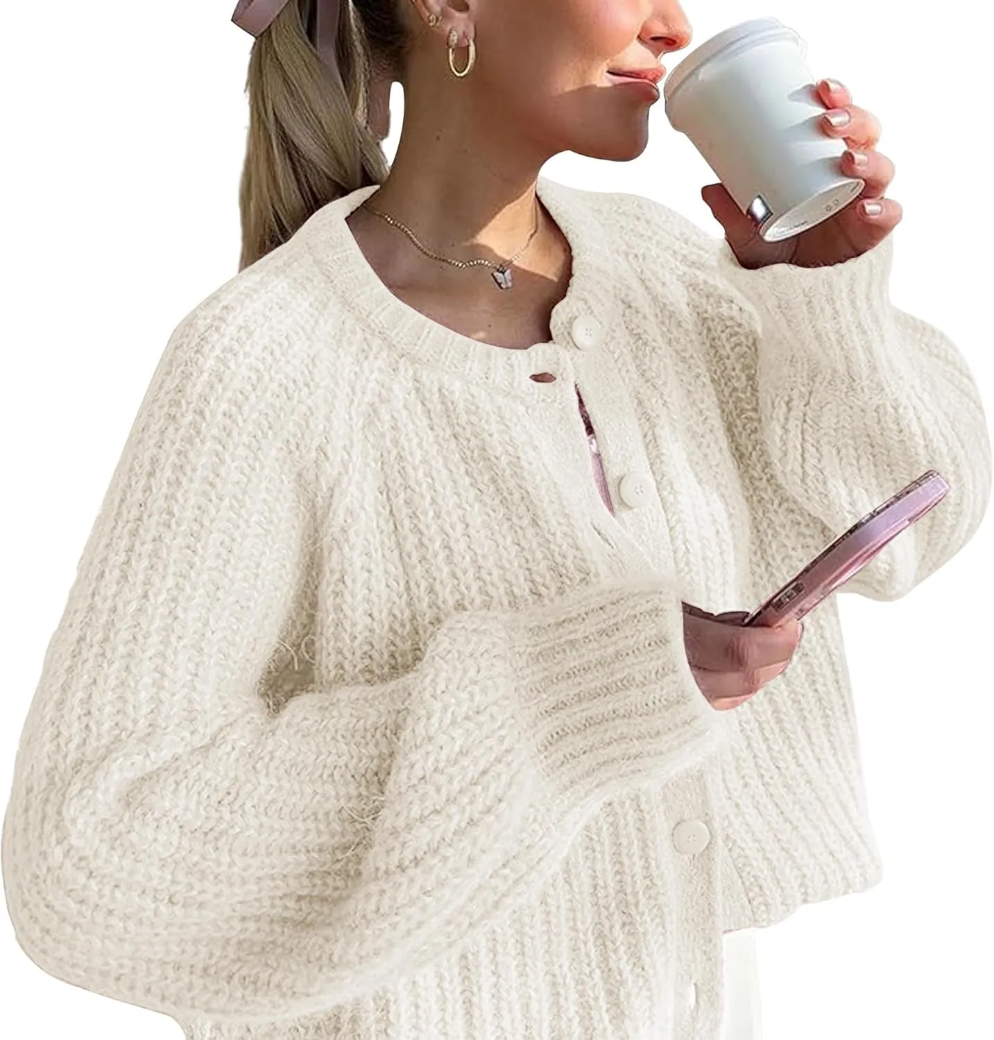 Crochet Cardigan Sweaters for Women Tops Chunky Knitted Crew Neck Long Sleeve Button Down Jackets Open Front Coat