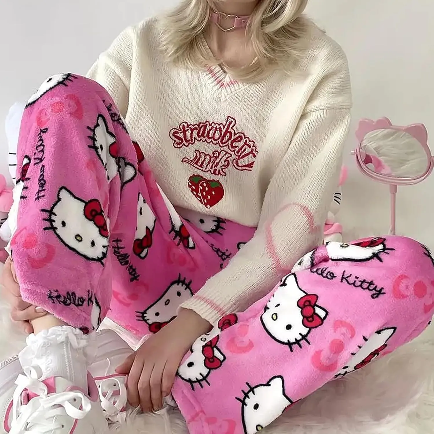 Cute Flannel Pajama Pants for Women, Cartoon Plush Pjs Pajamas Bottom Anime Sleep Pants