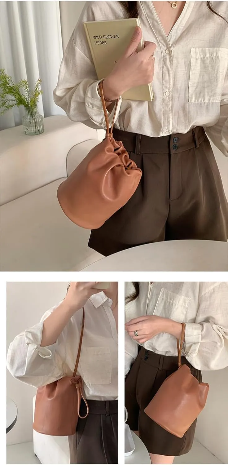 Cylindrical Soft Leather Bucket Bag Handbag Women Drawstring Small Shoulder Armpit Bag Cute Chic Stylish Versatile