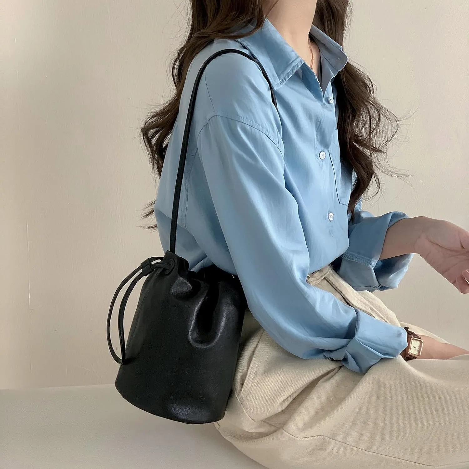 Cylindrical Soft Leather Bucket Bag Handbag Women Drawstring Small Shoulder Armpit Bag Cute Chic Stylish Versatile