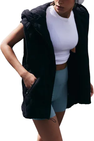D-Sun Women's Quilted Puffer Vest Casual Sleeveless Hooded Zip Up Jacket Coat Outerwear With Pocket