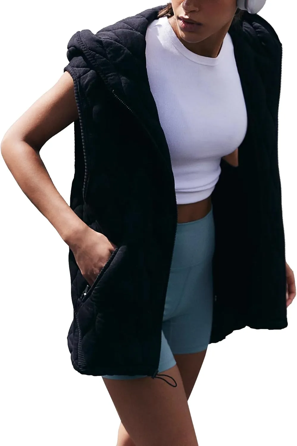 D-Sun Women's Quilted Puffer Vest Casual Sleeveless Hooded Zip Up Jacket Coat Outerwear With Pocket