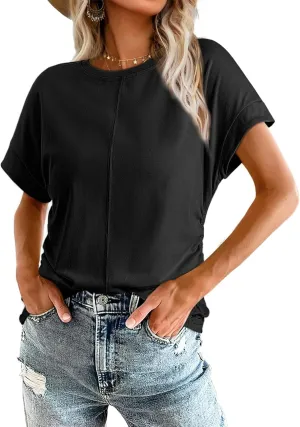 Dokotoo Spring Tops for Women 2025 Round Neck Cap Sleeve Side Ruched Summer Tops for Women Trendy Women Clothing