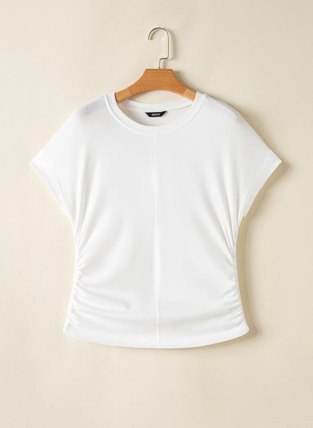 Dokotoo Spring Tops for Women 2025 Round Neck Cap Sleeve Side Ruched Summer Tops for Women Trendy Women Clothing