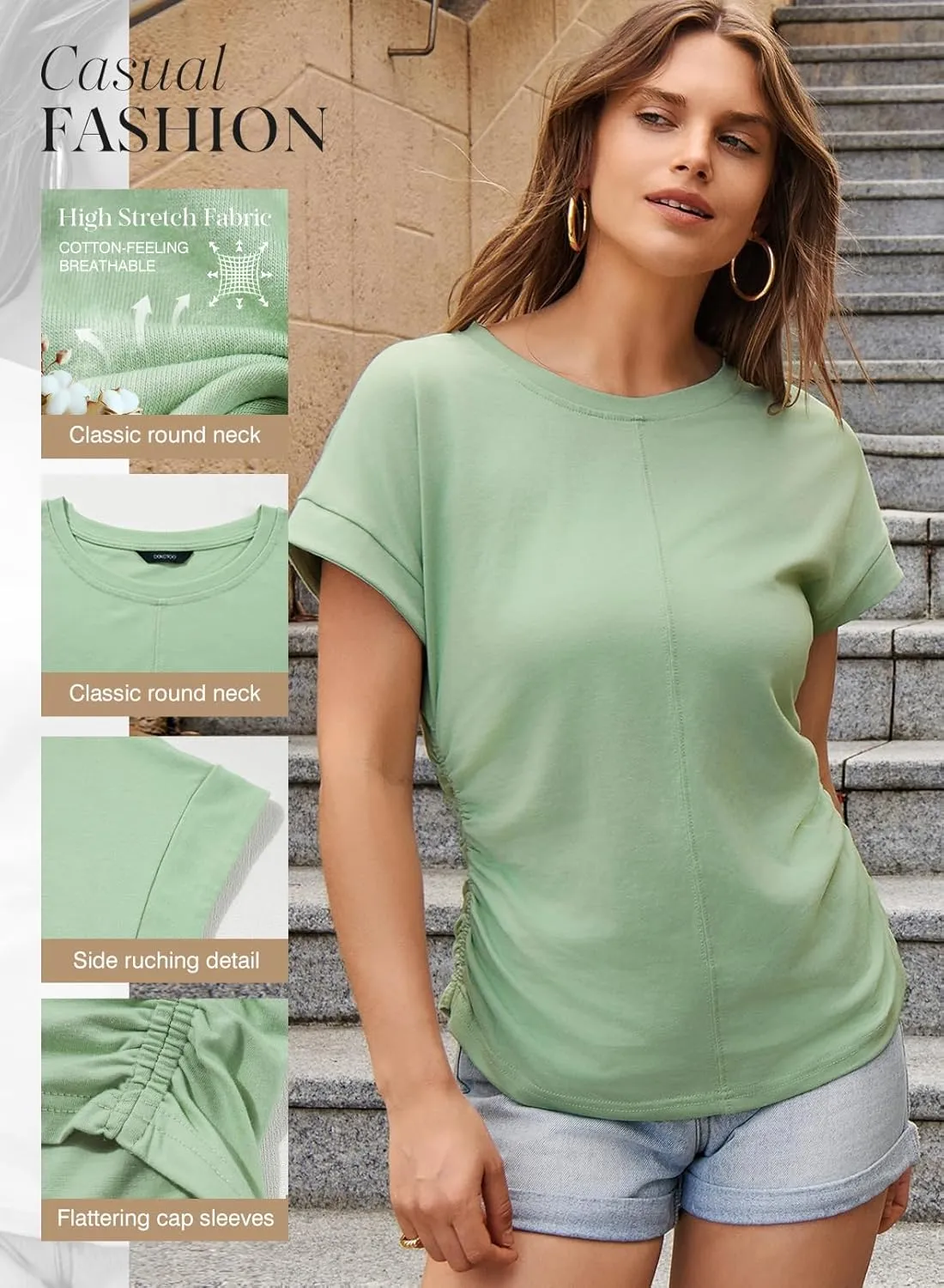 Dokotoo Spring Tops for Women 2025 Round Neck Cap Sleeve Side Ruched Summer Tops for Women Trendy Women Clothing