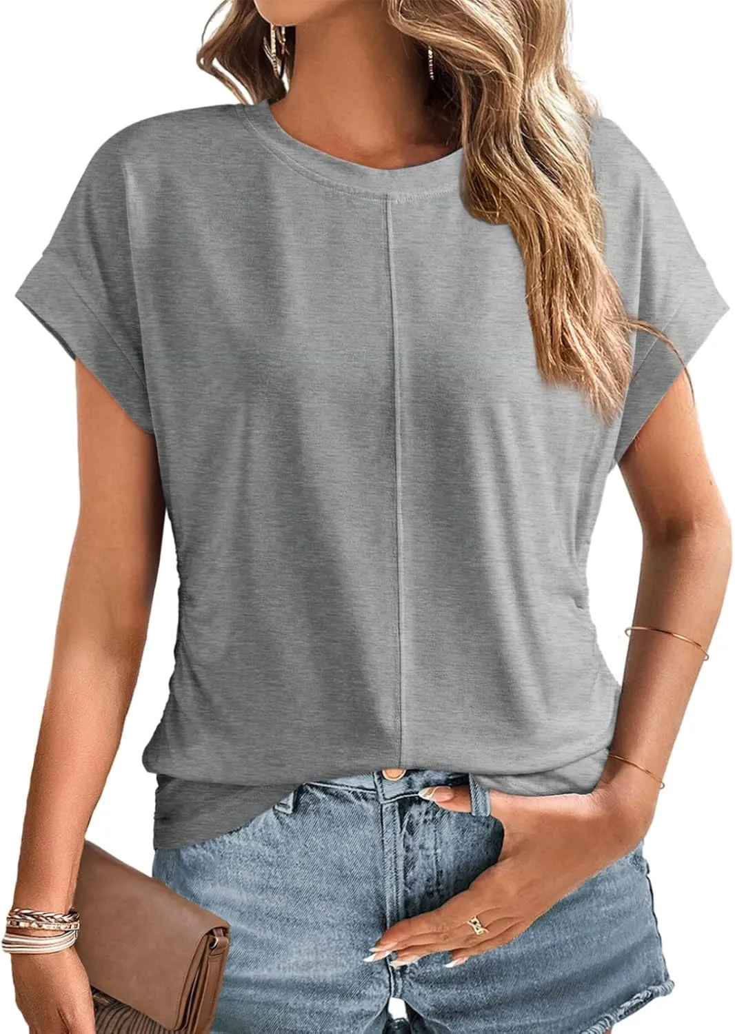 Dokotoo Spring Tops for Women 2025 Round Neck Cap Sleeve Side Ruched Summer Tops for Women Trendy Women Clothing
