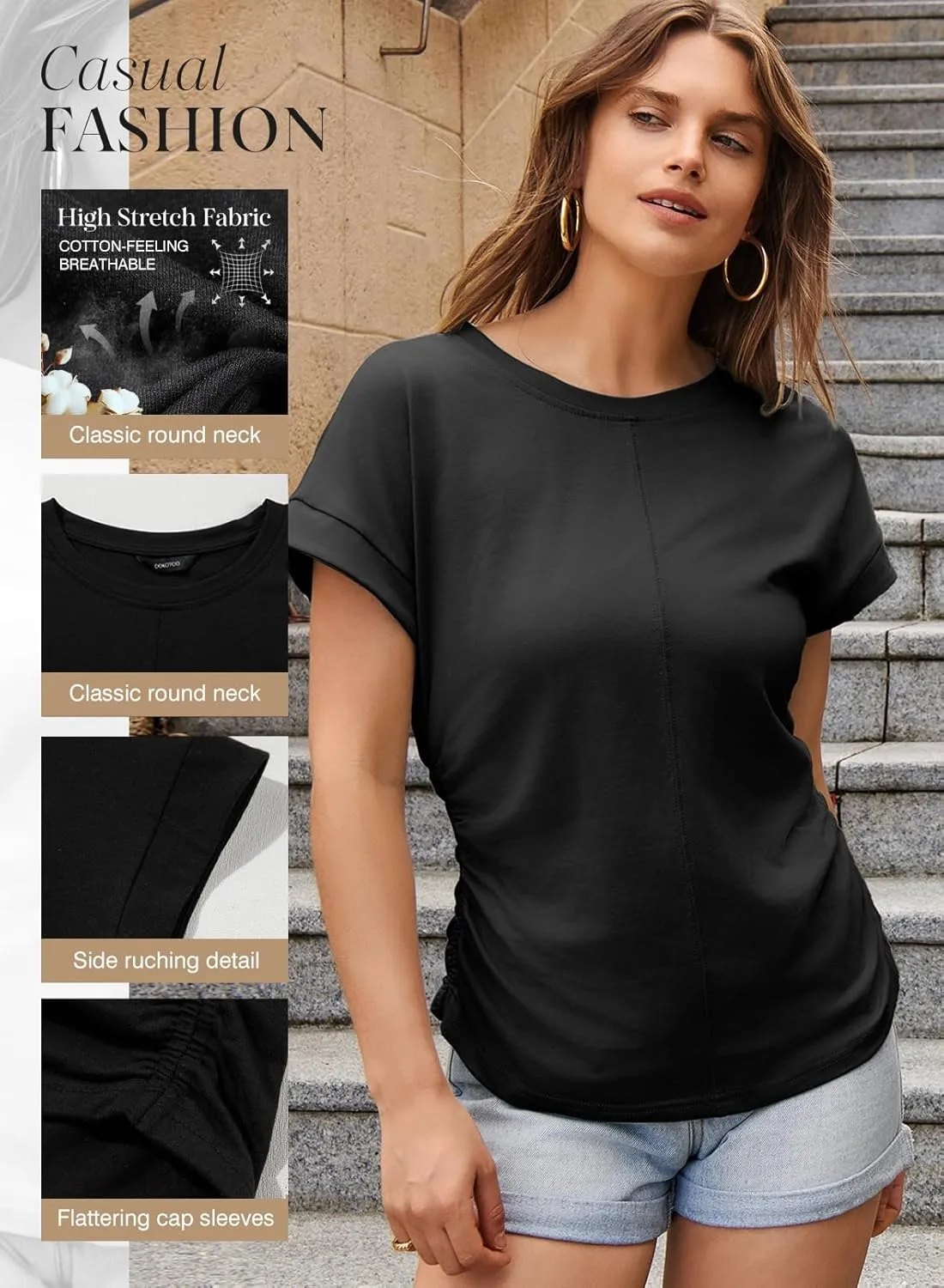 Dokotoo Spring Tops for Women 2025 Round Neck Cap Sleeve Side Ruched Summer Tops for Women Trendy Women Clothing