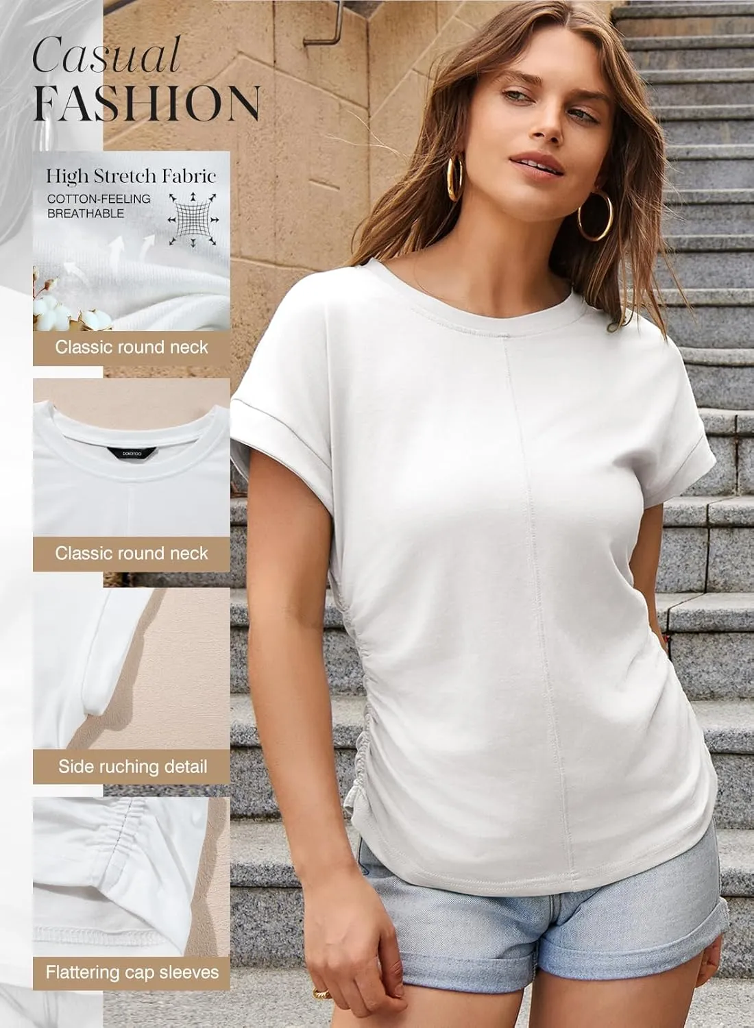 Dokotoo Spring Tops for Women 2025 Round Neck Cap Sleeve Side Ruched Summer Tops for Women Trendy Women Clothing