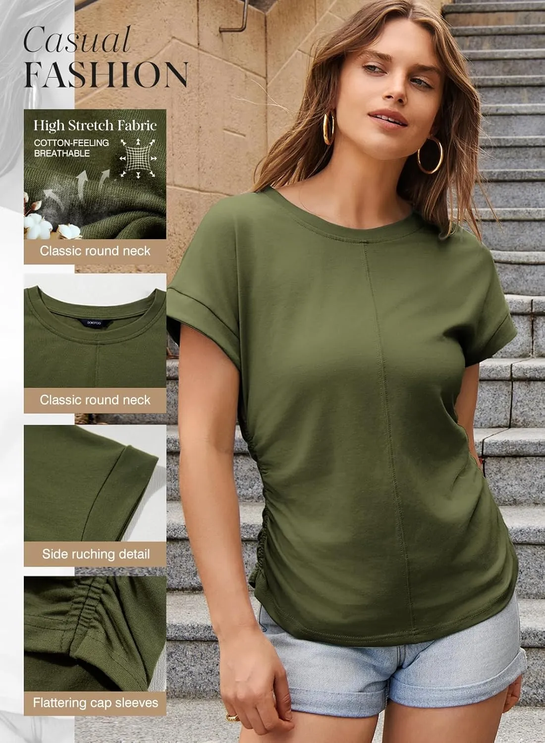 Dokotoo Spring Tops for Women 2025 Round Neck Cap Sleeve Side Ruched Summer Tops for Women Trendy Women Clothing