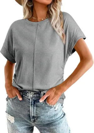 Dokotoo Spring Tops for Women 2025 Round Neck Cap Sleeve Side Ruched Summer Tops for Women Trendy Women Clothing