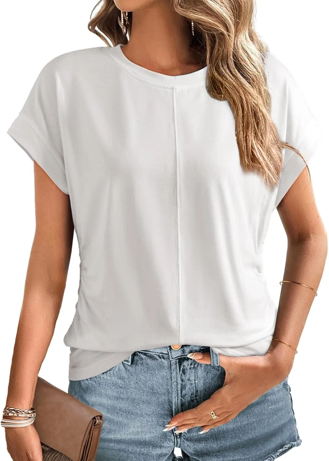 Dokotoo Spring Tops for Women 2025 Round Neck Cap Sleeve Side Ruched Summer Tops for Women Trendy Women Clothing
