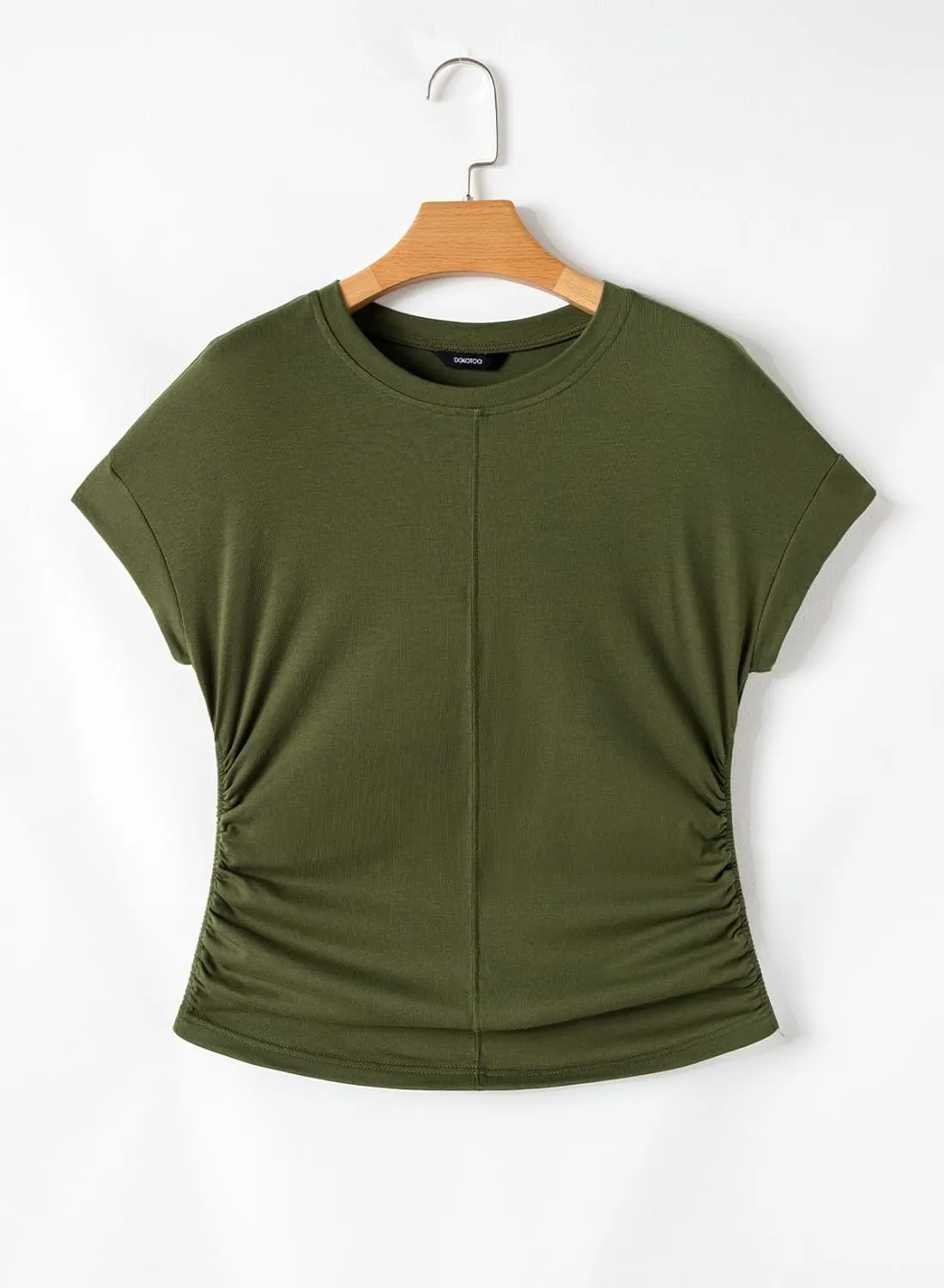 Dokotoo Spring Tops for Women 2025 Round Neck Cap Sleeve Side Ruched Summer Tops for Women Trendy Women Clothing