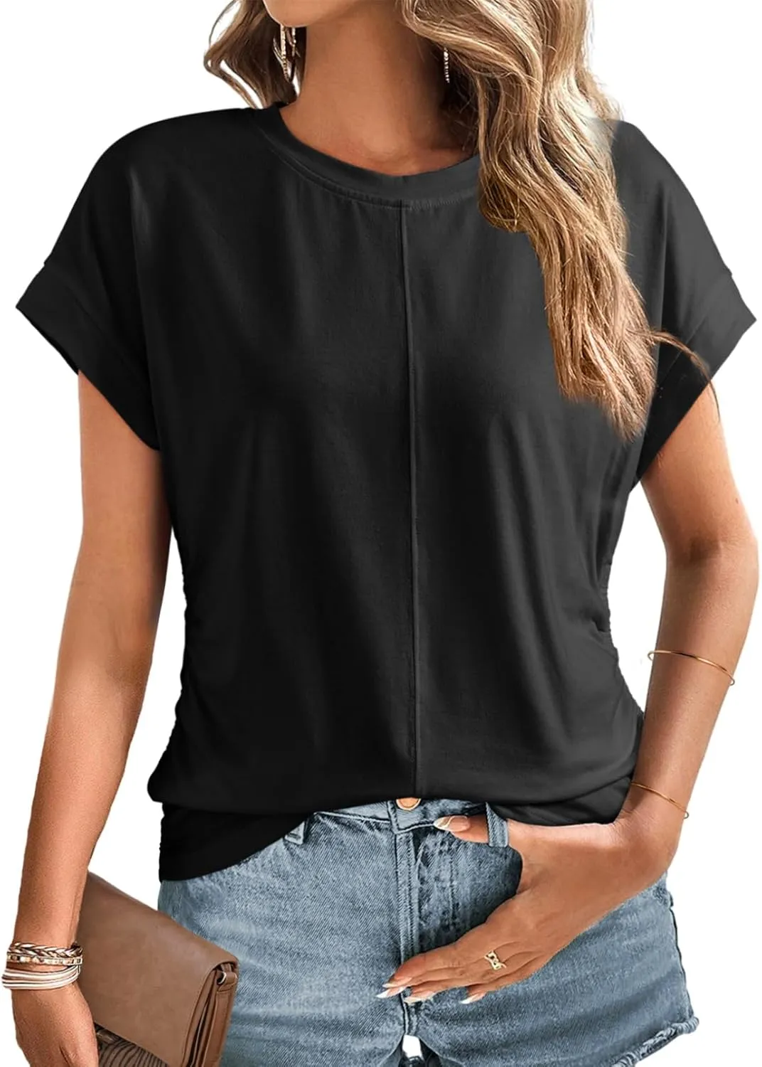 Dokotoo Spring Tops for Women 2025 Round Neck Cap Sleeve Side Ruched Summer Tops for Women Trendy Women Clothing