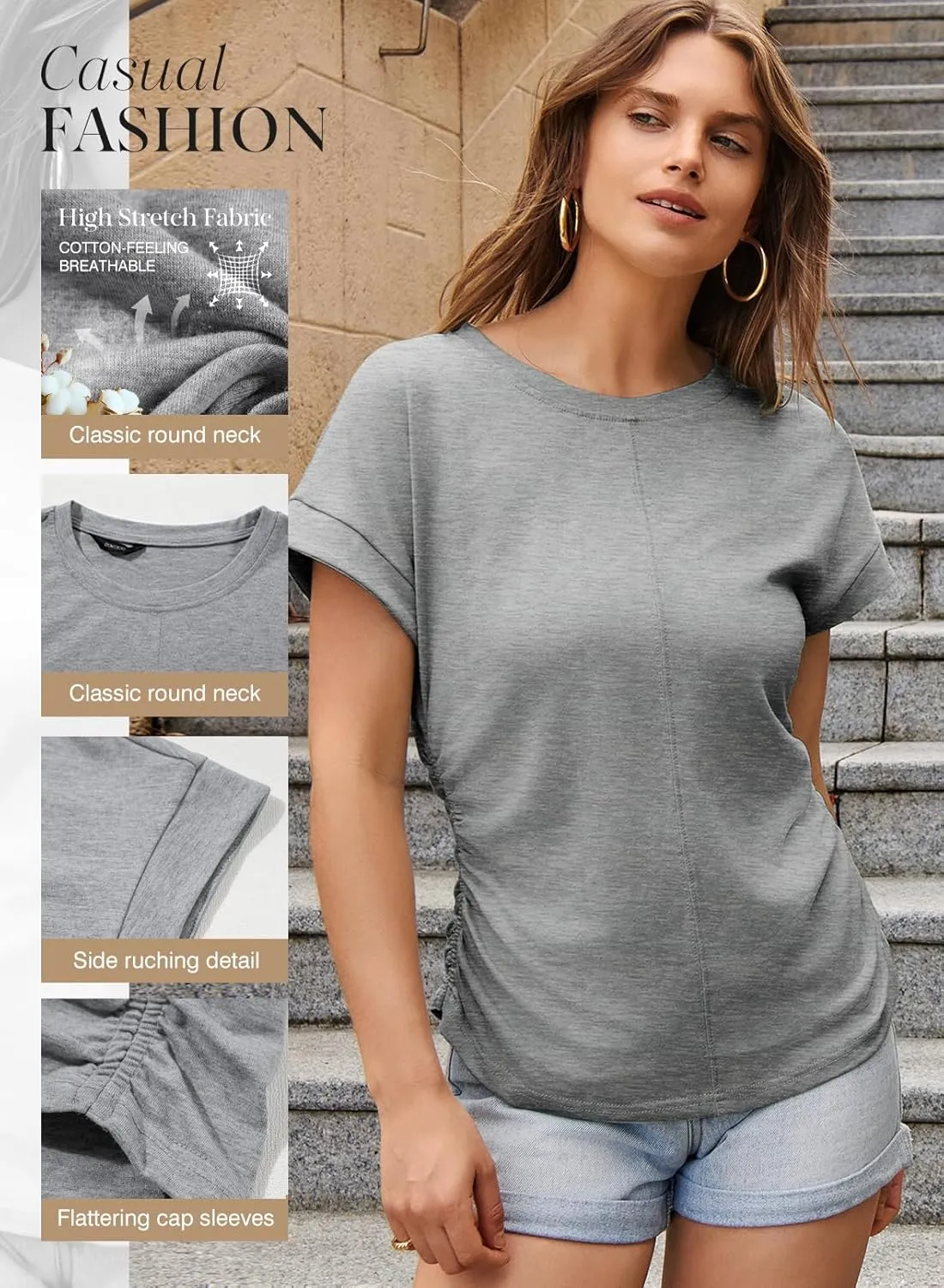 Dokotoo Spring Tops for Women 2025 Round Neck Cap Sleeve Side Ruched Summer Tops for Women Trendy Women Clothing