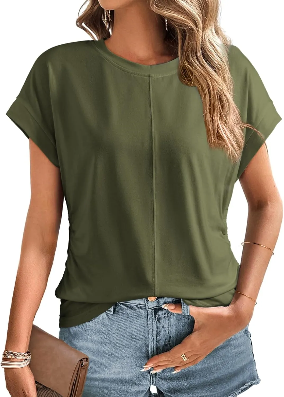 Dokotoo Spring Tops for Women 2025 Round Neck Cap Sleeve Side Ruched Summer Tops for Women Trendy Women Clothing