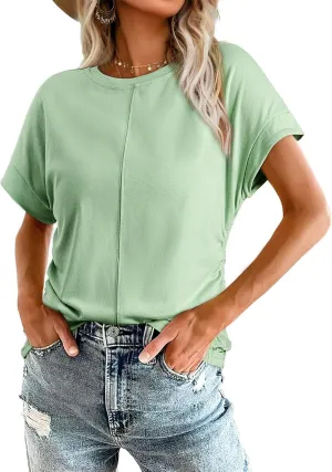 Dokotoo Spring Tops for Women 2025 Round Neck Cap Sleeve Side Ruched Summer Tops for Women Trendy Women Clothing