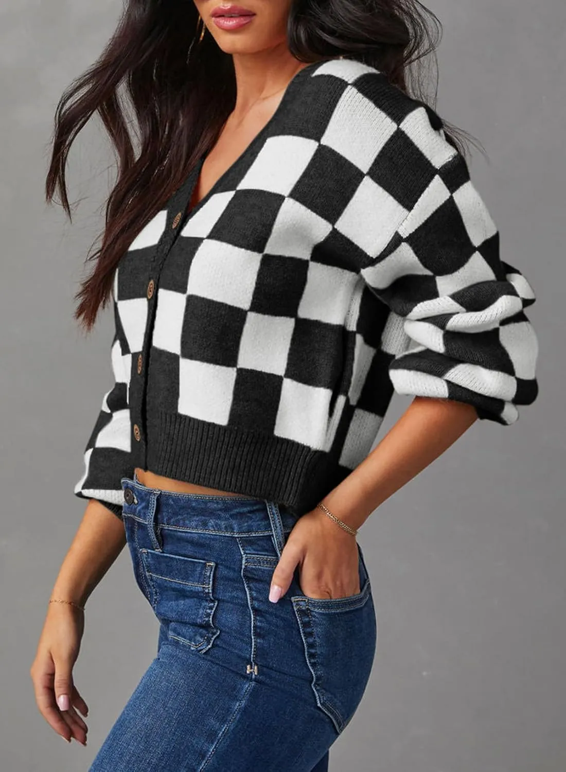 Dokotoo Womens Checkered V Neck Button Down Long Sleeve Cable Knit Cropped Cardigan Sweaters Tops