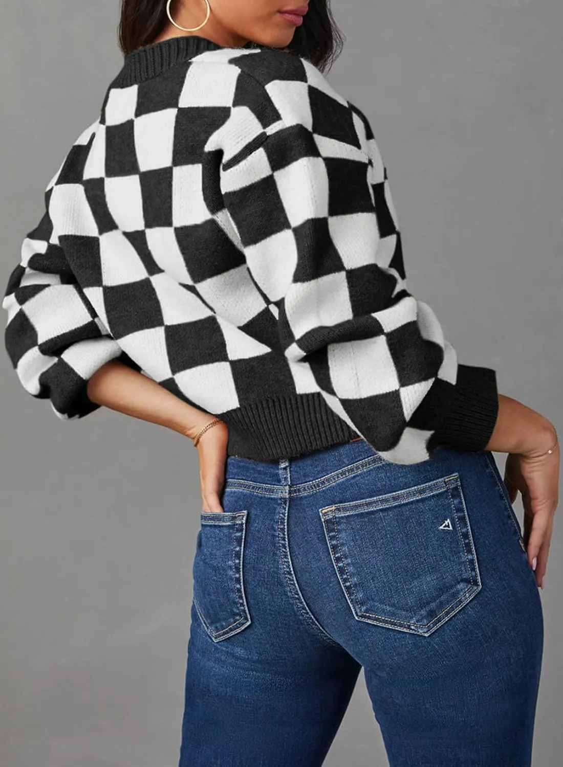 Dokotoo Womens Checkered V Neck Button Down Long Sleeve Cable Knit Cropped Cardigan Sweaters Tops