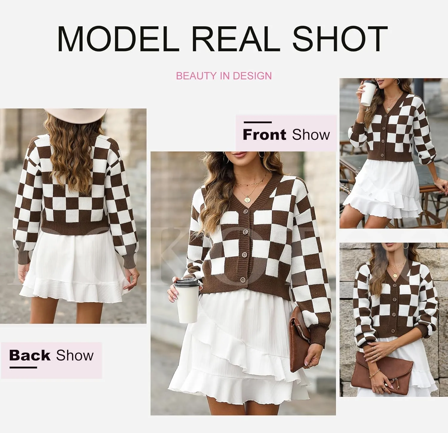 Dokotoo Womens Checkered V Neck Button Down Long Sleeve Cable Knit Cropped Cardigan Sweaters Tops