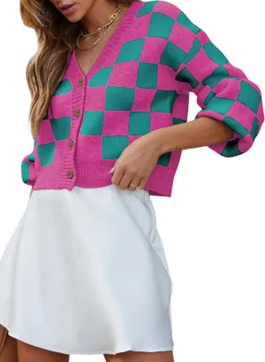 Dokotoo Womens Checkered V Neck Button Down Long Sleeve Cable Knit Cropped Cardigan Sweaters Tops