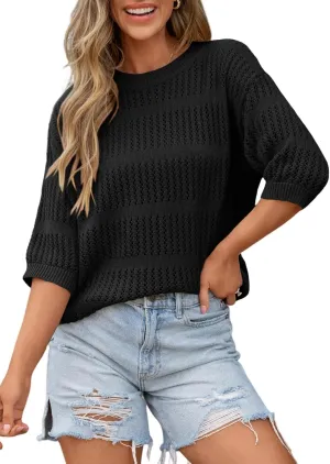 Dokotoo Womens Tops Round Neck Striped Half Sleeve Hollow Out Crochet Loose Pullover Sweaters 2025