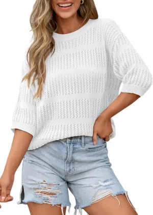 Dokotoo Womens Tops Round Neck Striped Half Sleeve Hollow Out Crochet Loose Pullover Sweaters 2025