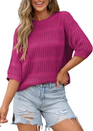 Dokotoo Womens Tops Round Neck Striped Half Sleeve Hollow Out Crochet Loose Pullover Sweaters 2025