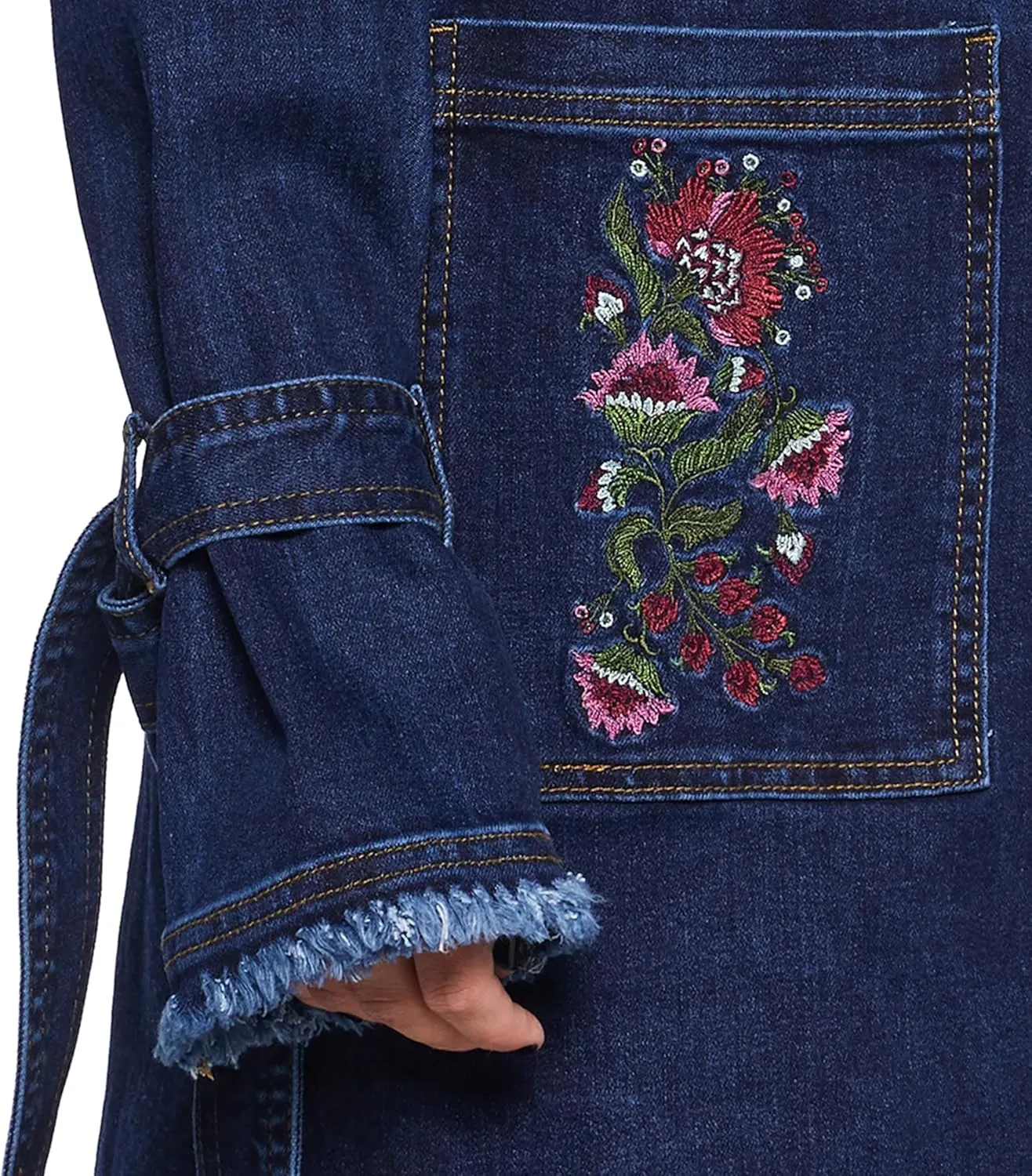 Dolls Kill Woven Dreams Denim Trench Coat by Current Mod - Floral Embroidered Stretch Denim with Faux Fur Collar - Blue