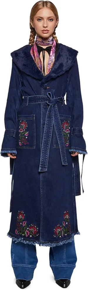 Dolls Kill Woven Dreams Denim Trench Coat by Current Mod - Floral Embroidered Stretch Denim with Faux Fur Collar - Blue