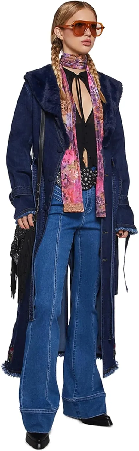Dolls Kill Woven Dreams Denim Trench Coat by Current Mod - Floral Embroidered Stretch Denim with Faux Fur Collar - Blue