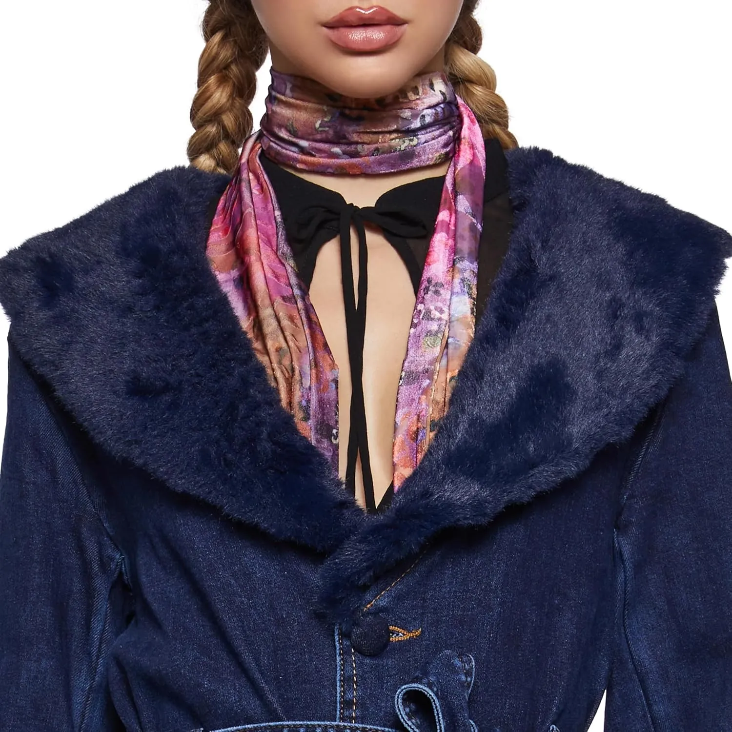 Dolls Kill Woven Dreams Denim Trench Coat by Current Mod - Floral Embroidered Stretch Denim with Faux Fur Collar - Blue