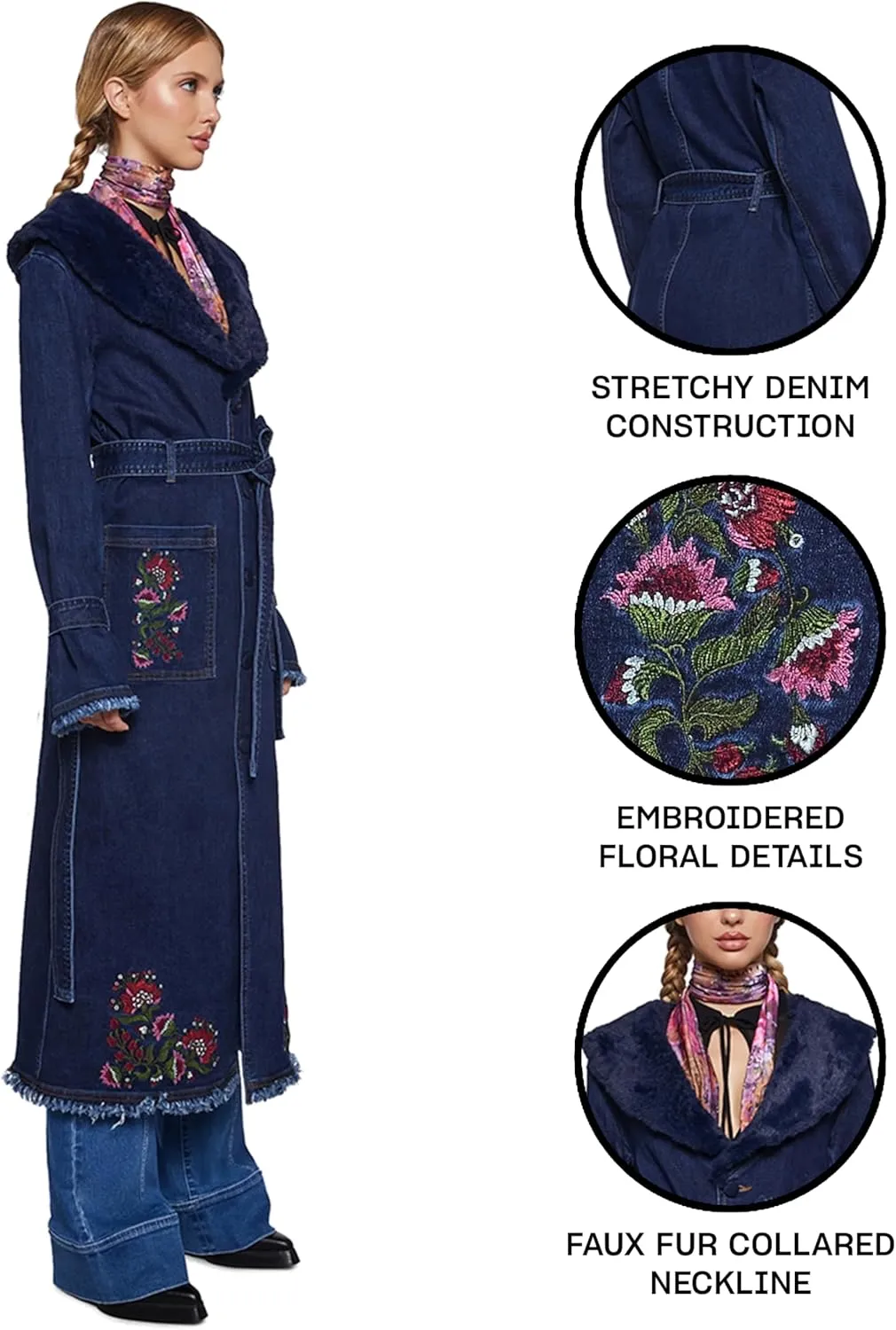 Dolls Kill Woven Dreams Denim Trench Coat by Current Mod - Floral Embroidered Stretch Denim with Faux Fur Collar - Blue