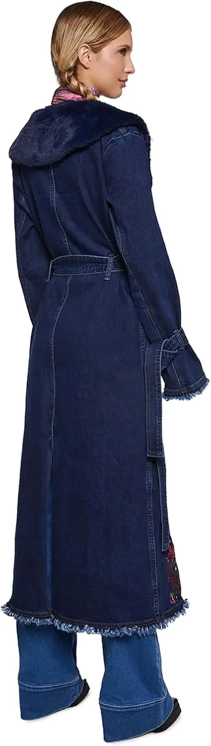 Dolls Kill Woven Dreams Denim Trench Coat by Current Mod - Floral Embroidered Stretch Denim with Faux Fur Collar - Blue