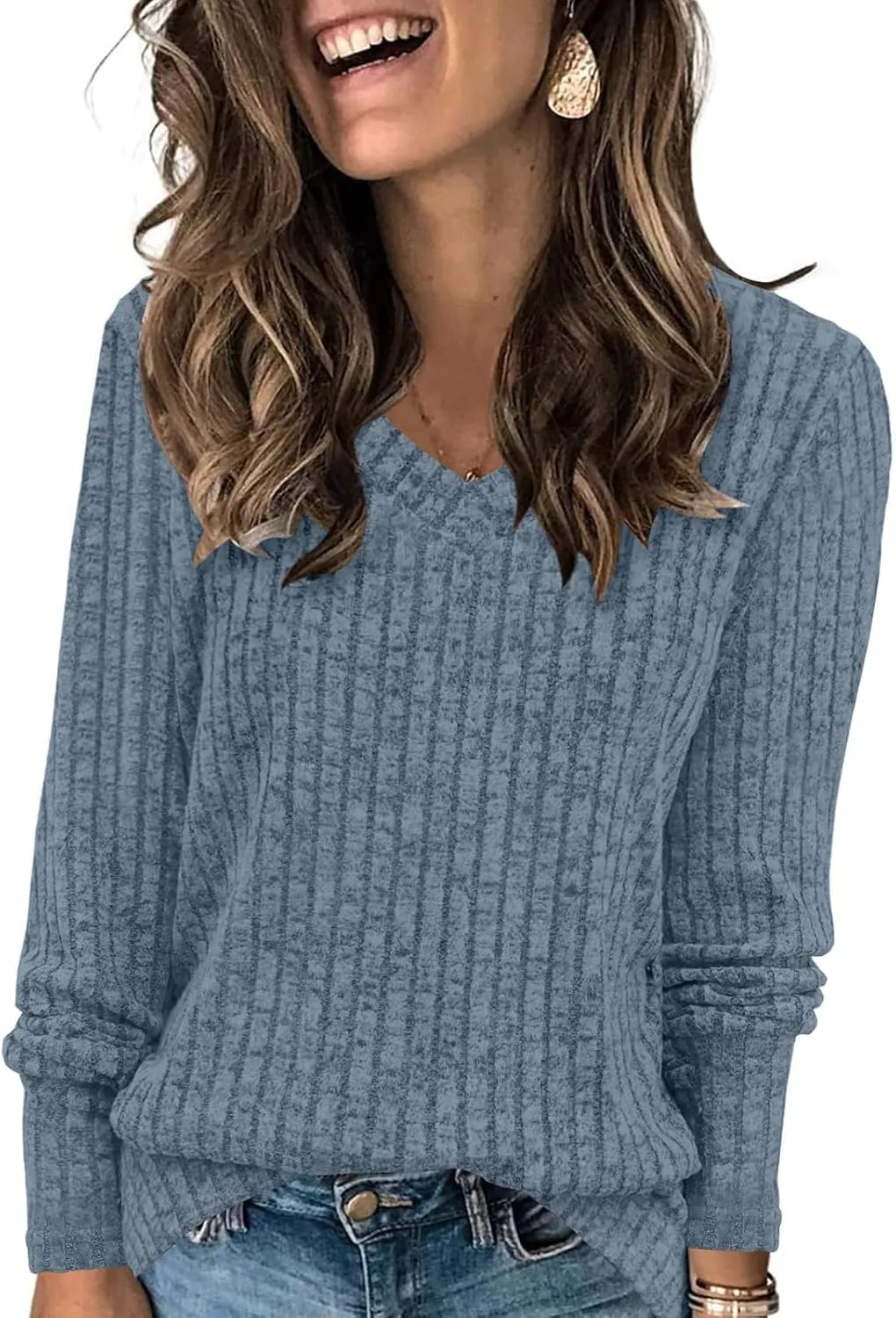DouBCQ Womens Long Sleeve Shirts Casual V Neck Tunic Tops Fashion Loose Fall Sweaters
