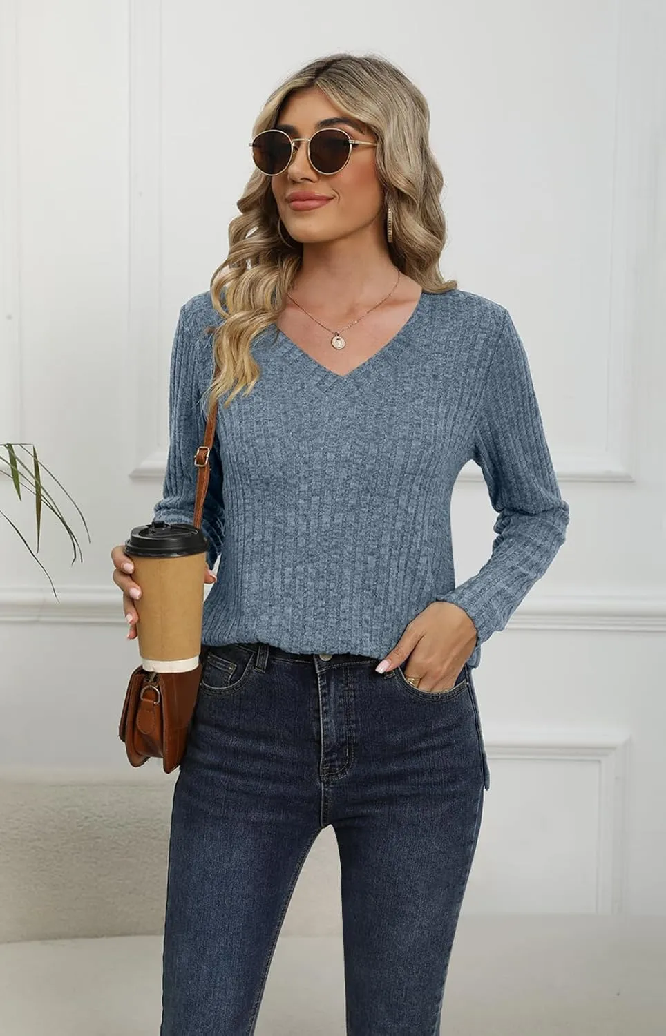 DouBCQ Womens Long Sleeve Shirts Casual V Neck Tunic Tops Fashion Loose Fall Sweaters