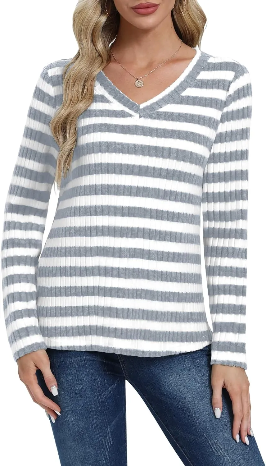 DouBCQ Womens Long Sleeve Shirts Casual V Neck Tunic Tops Fashion Loose Fall Sweaters