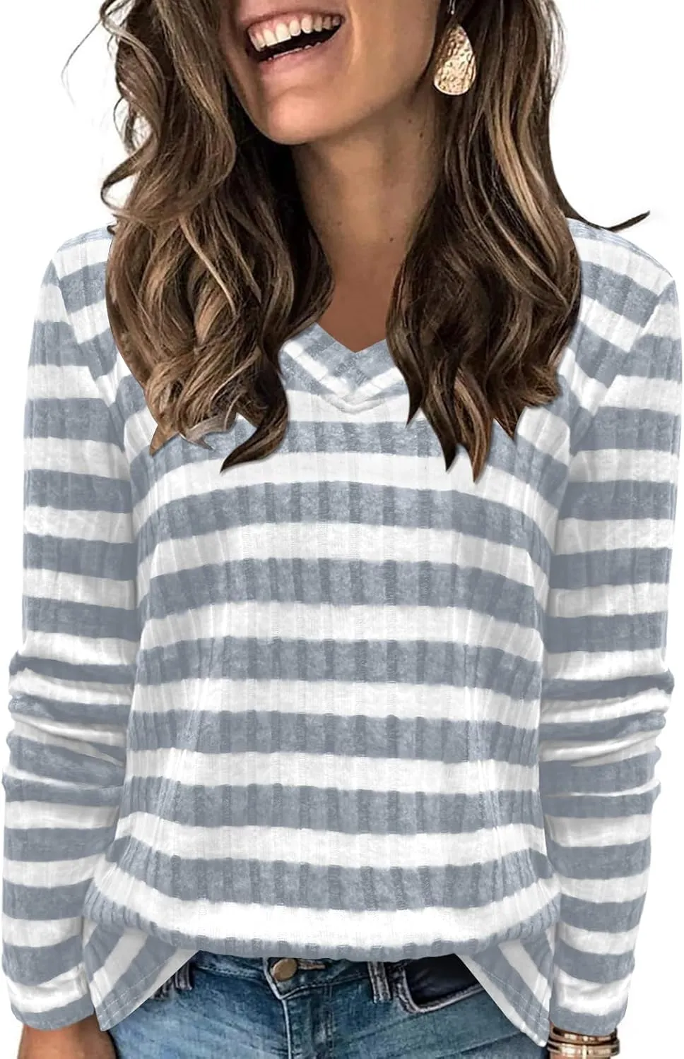 DouBCQ Womens Long Sleeve Shirts Casual V Neck Tunic Tops Fashion Loose Fall Sweaters