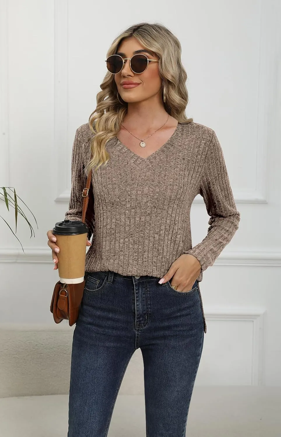 DouBCQ Womens Long Sleeve Shirts Casual V Neck Tunic Tops Fashion Loose Fall Sweaters