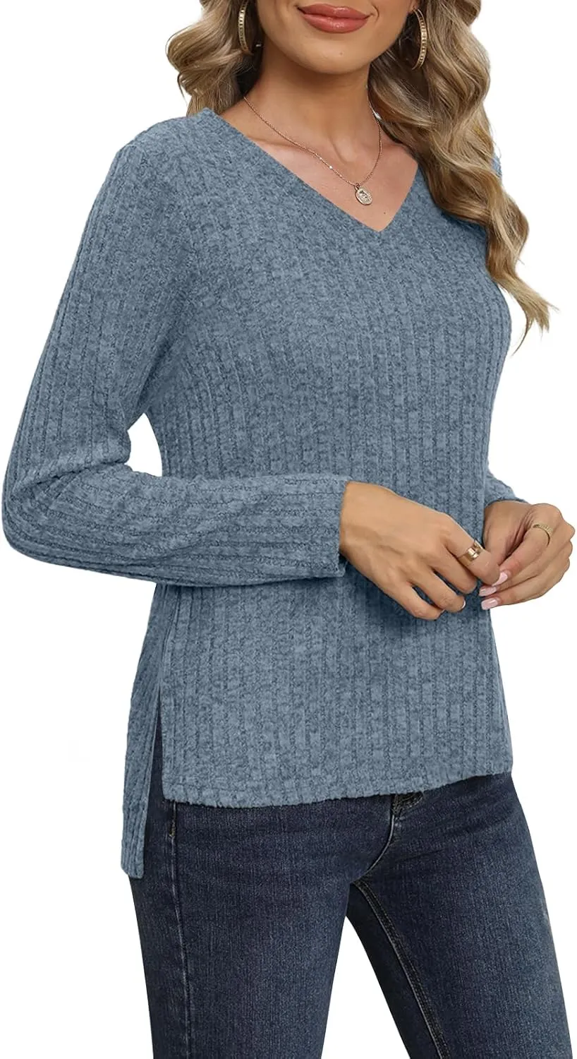 DouBCQ Womens Long Sleeve Shirts Casual V Neck Tunic Tops Fashion Loose Fall Sweaters