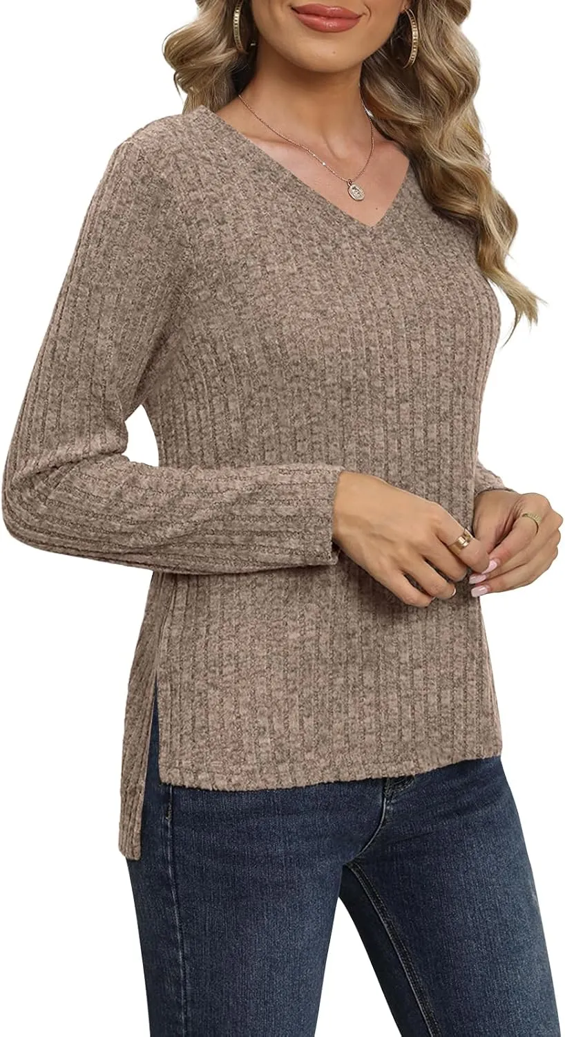 DouBCQ Womens Long Sleeve Shirts Casual V Neck Tunic Tops Fashion Loose Fall Sweaters