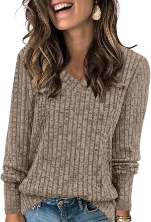 DouBCQ Womens Long Sleeve Shirts Casual V Neck Tunic Tops Fashion Loose Fall Sweaters