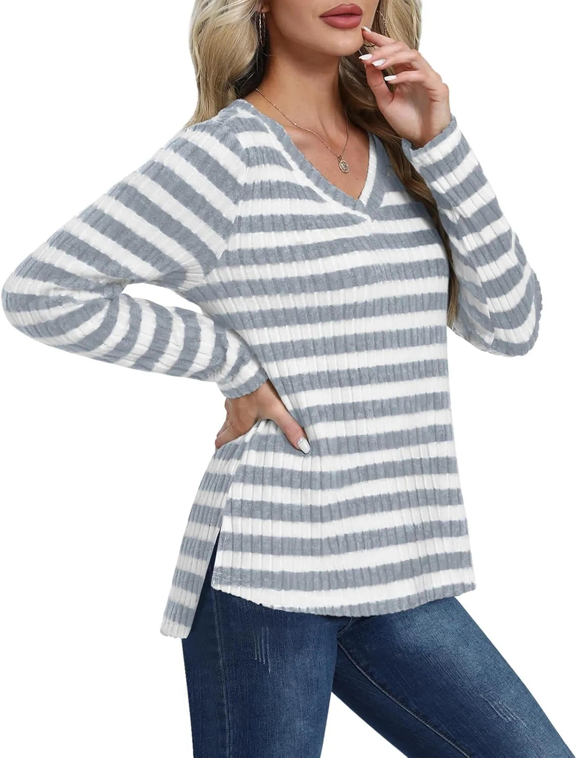 DouBCQ Womens Long Sleeve Shirts Casual V Neck Tunic Tops Fashion Loose Fall Sweaters
